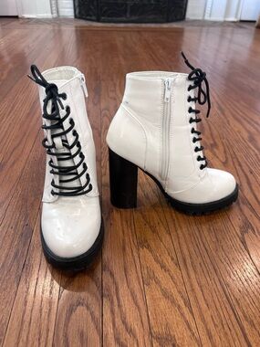 Forever 21 White Patent Lace-Up Platform Ankle Boots